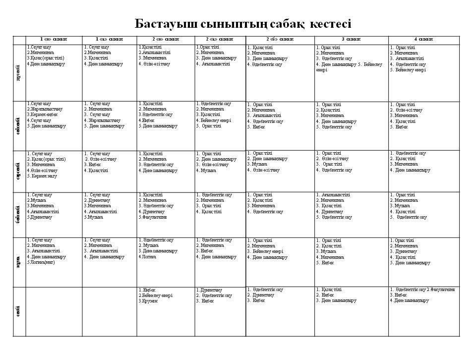 schedule of lessons